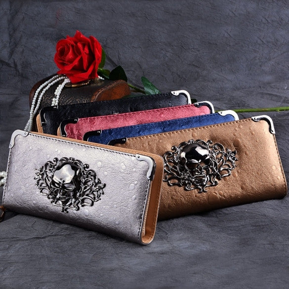 New Women Fashion Skull Head Rivet Punk  Handbag Long Purse Clutch Bags Wallet