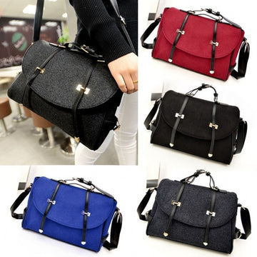 New Fashion Women's Wool & Faux Leather Tote Shoulder Bag Messenger Cross Body Handbag