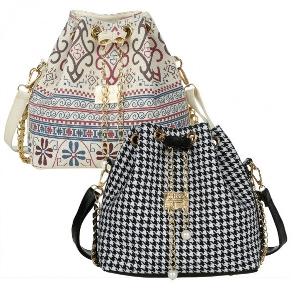 Drawstring Bag Patchwork Patterns Shoulder Messenger Bag Women Handbag Chain Bag Diagonal Package Canvas Totes