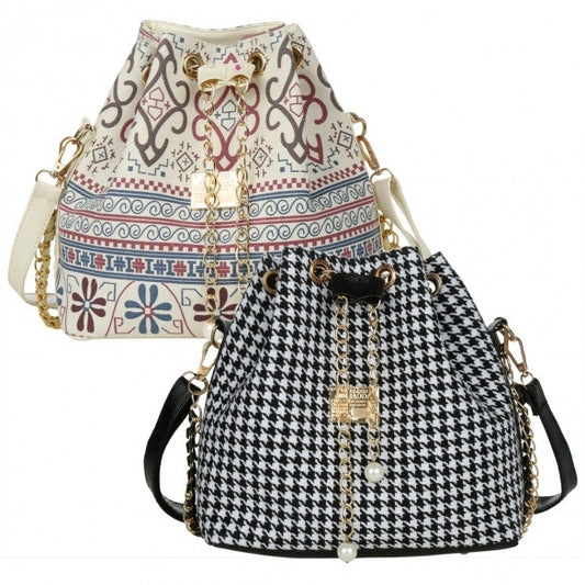 Drawstring Bag Patchwork Patterns Shoulder Messenger Bag Women Handbag Chain Bag Diagonal Package Canvas Totes