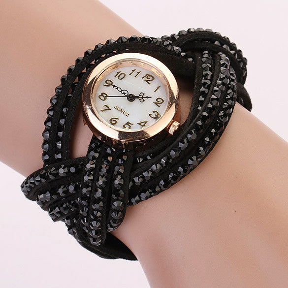 Women Vintage Round Dial Rhinestone Weave Wrap Synthetic Leather Bracelet Wrist Watch Watches