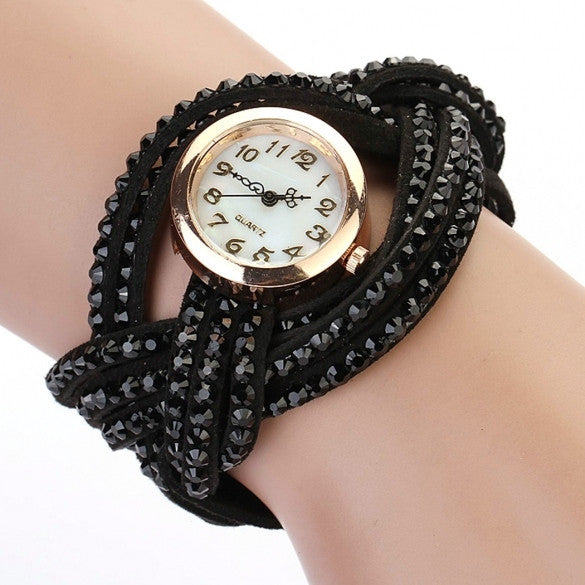 Women Vintage Round Dial Rhinestone Weave Wrap Synthetic Leather Bracelet Wrist Watch Watches