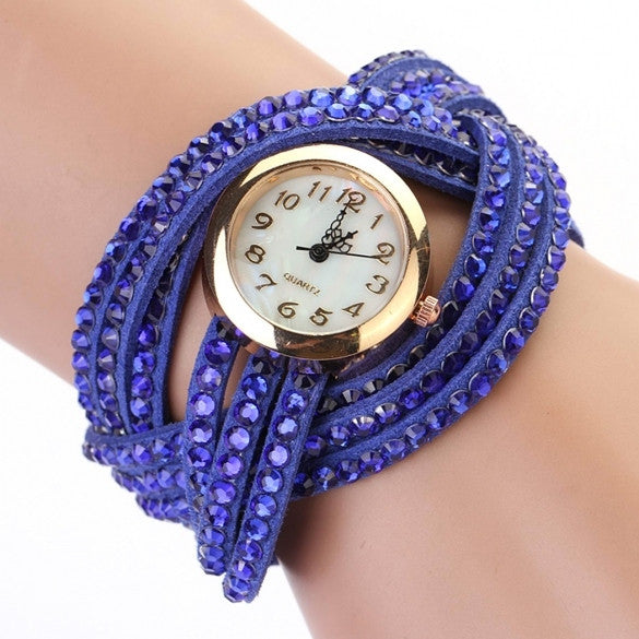 Women Vintage Round Dial Rhinestone Weave Wrap Synthetic Leather Bracelet Wrist Watch Watches