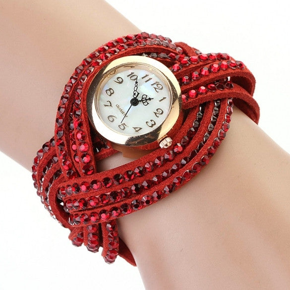 Women Vintage Round Dial Rhinestone Weave Wrap Synthetic Leather Bracelet Wrist Watch Watches