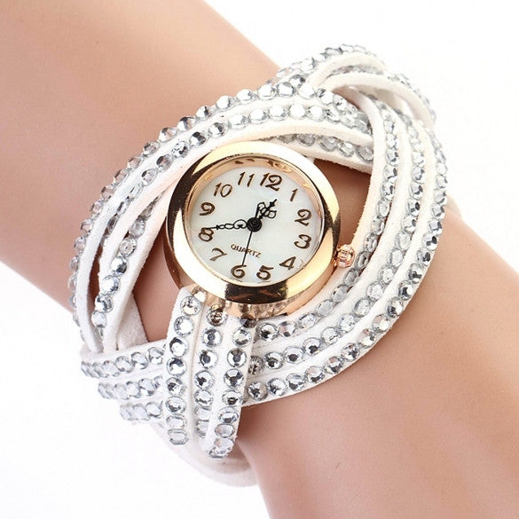 Women Vintage Round Dial Rhinestone Weave Wrap Synthetic Leather Bracelet Wrist Watch Watches