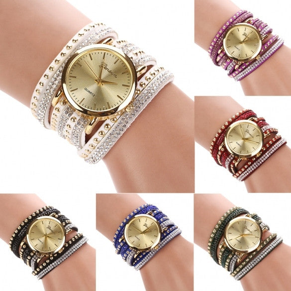 New Fashion Rhinestone Rivet Circle Belt Synthetic Leather Bracelet Watch Wrist Watch