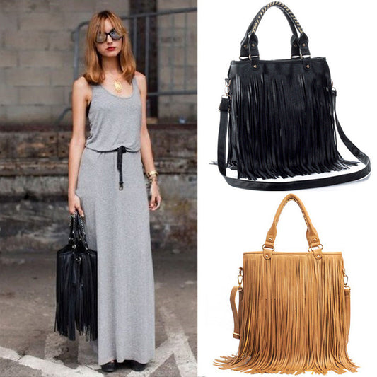 European Style New Lady Girl Women Synthetic Leather Tassel Bag Fashionable Shoulder Bag HandBag