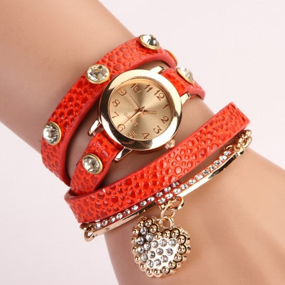 Fashion Women Casual Watches Crystal Faux Leather Strap Long Chain Quartz Watches