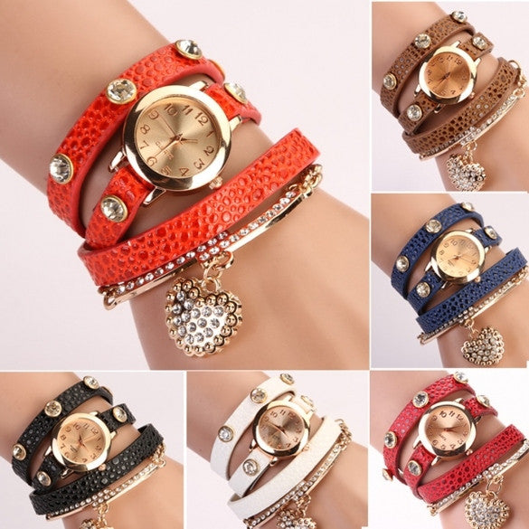 Fashion Women Casual Watches Crystal Faux Leather Strap Long Chain Quartz Watches