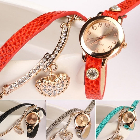 Fashion Women Casual Watches Crystal Faux Leather Strap Long Chain Quartz Watches