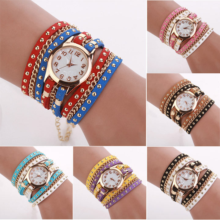 New Fashion Women's Three Strap Chain Watch Wrap Circle Wristwatch