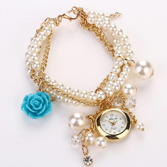 Hot Sell Women Rose Flower Faux Pearl Round Dial Quartz Bracelet Wrist Watch