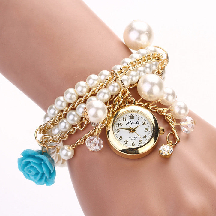 Hot Sell Women Rose Flower Faux Pearl Round Dial Quartz Bracelet Wrist Watch