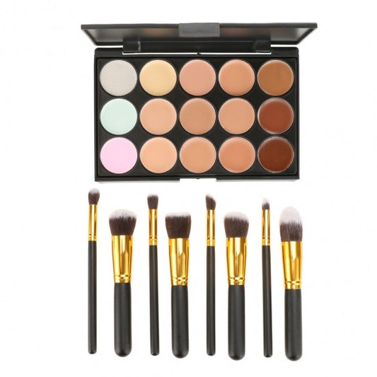 Fashion 15 Colors Contour Face Cream Makeup Concealer Palette With 8pcs Powder Brushes