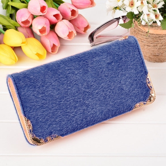 New Fashion Women Faux Hair Synthetic Leather Long Wallet Clutch Bag