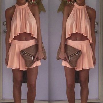 Mini Halter Chiffon Crop Top Short Skirt Two Piece Dress Suit - Meet Yours Fashion - 1