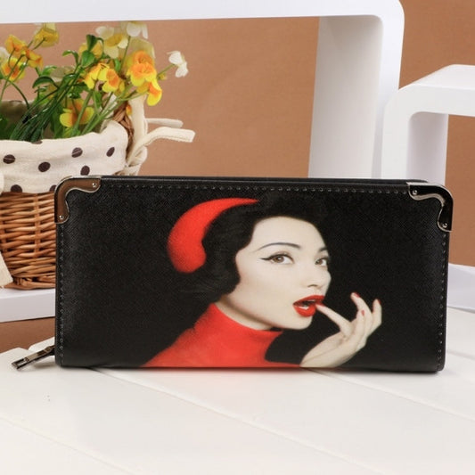 New Fashion European Style Portrait Pattern Women Lady Zip Design Purse Long Wallet