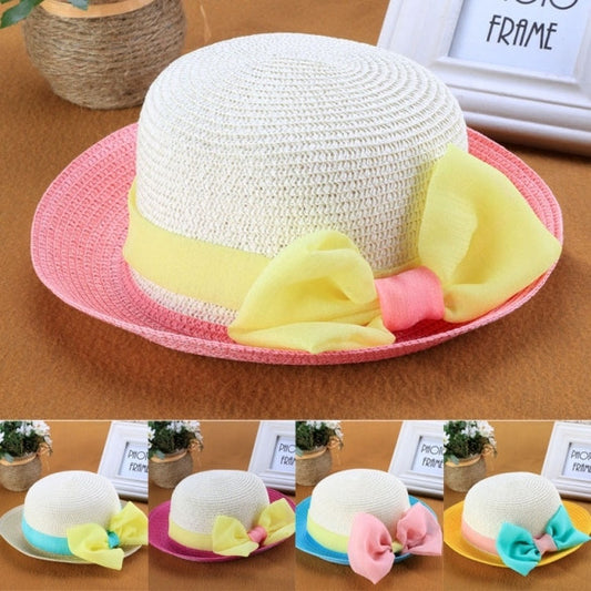 Fashion Children Kids Girl's Summer Beach Hats Big Bow Wide Brim Sun Beach Patchwork Straw Cap