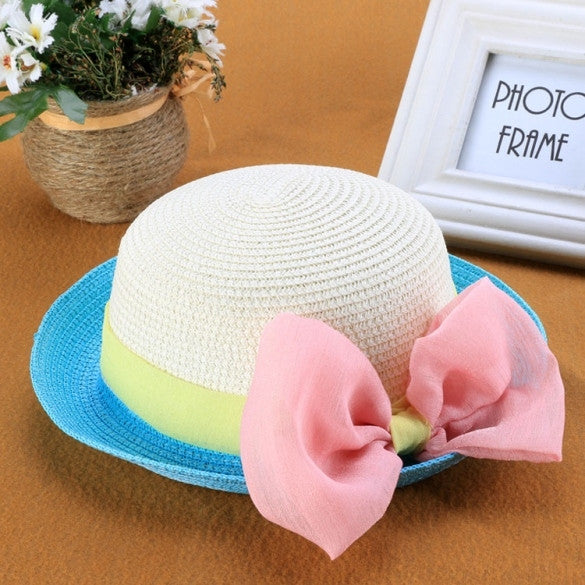 Fashion Children Kids Girl's Summer Beach Hats Big Bow Wide Brim Sun Beach Patchwork Straw Cap