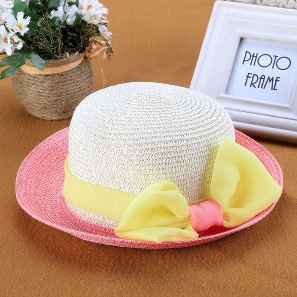 Fashion Children Kids Girl's Summer Beach Hats Big Bow Wide Brim Sun Beach Patchwork Straw Cap