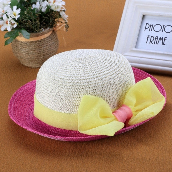 Fashion Children Kids Girl's Summer Beach Hats Big Bow Wide Brim Sun Beach Patchwork Straw Cap