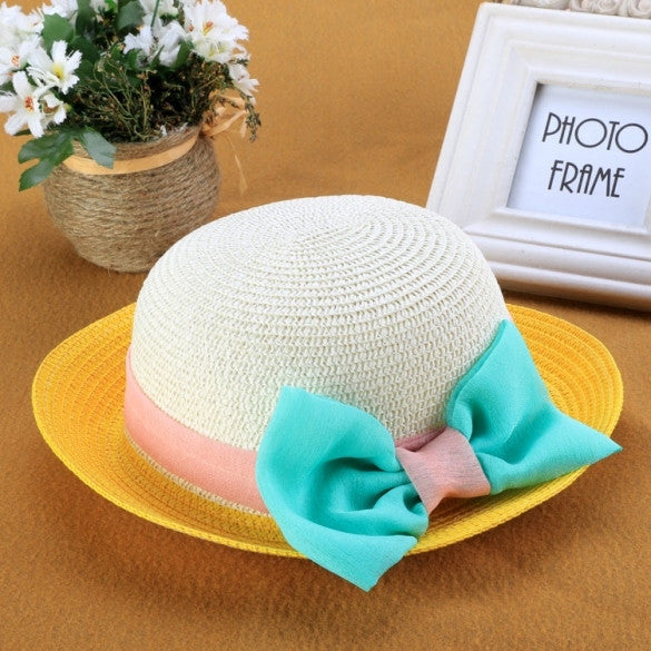 Fashion Children Kids Girl's Summer Beach Hats Big Bow Wide Brim Sun Beach Patchwork Straw Cap