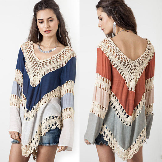 Long Sleeve Knit Splice Irregular Hem Blouse Swimwear Cover Up