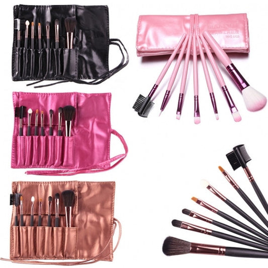 Hot Sale 7 Pieces Travel Makeup Brush With Faux Leather Roll Pouch Bag