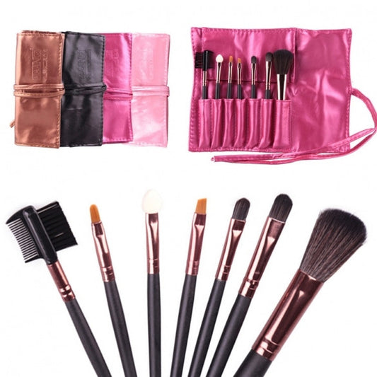 Hot Sale 7 Pieces Travel Makeup Brush With Faux Leather Roll Pouch Bag