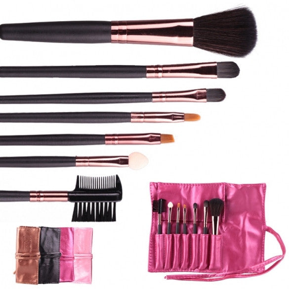 Hot Sale 7 Pieces Travel Makeup Brush With Faux Leather Roll Pouch Bag