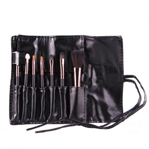 Hot Sale 7 Pieces Travel Makeup Brush With Faux Leather Roll Pouch Bag