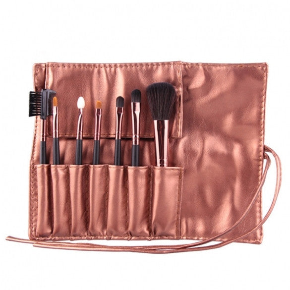 Hot Sale 7 Pieces Travel Makeup Brush With Faux Leather Roll Pouch Bag