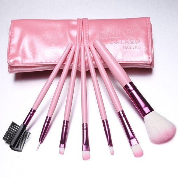 Hot Sale 7 Pieces Travel Makeup Brush With Faux Leather Roll Pouch Bag