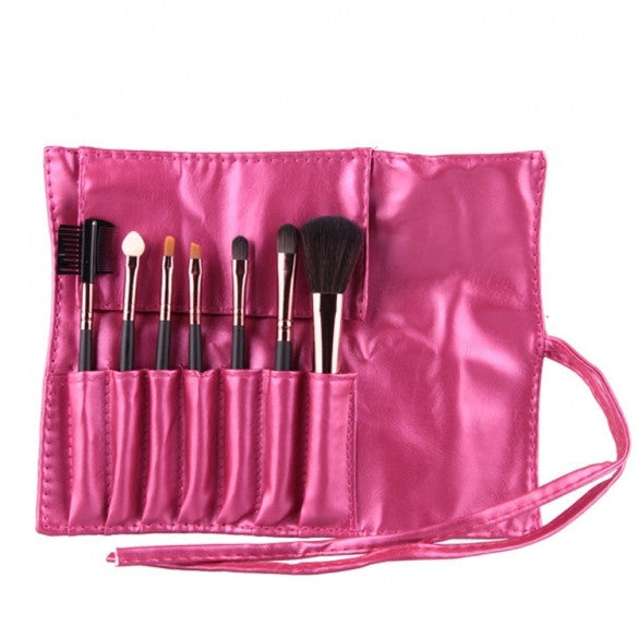 Hot Sale 7 Pieces Travel Makeup Brush With Faux Leather Roll Pouch Bag