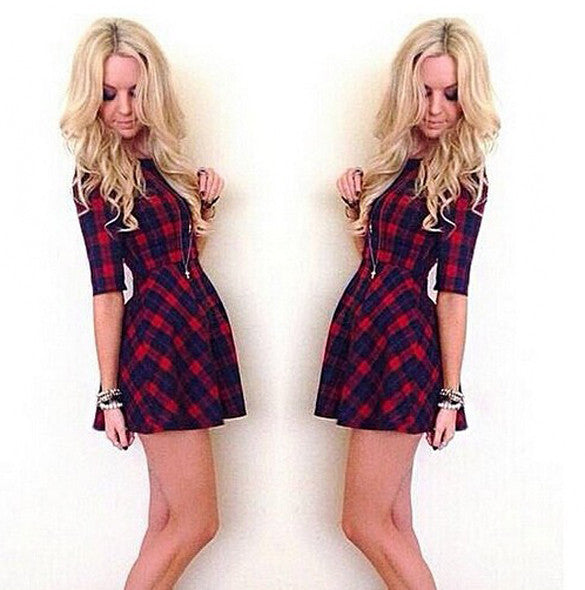 Women Casual Medium Sleeve Round Neck Plaid Dress - MeetYoursFashion - 1