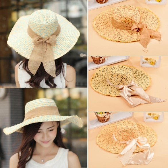 Women Bowknot Hat Wide Large Brim Girl Summer Beach Sun Straw Weave Casual Sun Hat