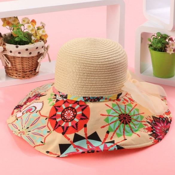 Fashion Women Folding Floral Print Floppy Hat Straw Beach Wide Large Cap Gift