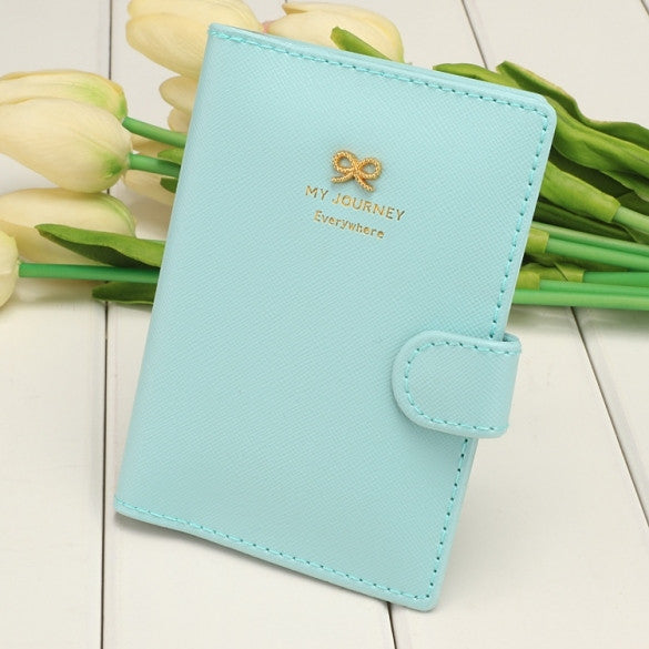 Women Fashion Synthetic Leather Button Candy Color Folded Travel Journey Passport ID Card Holder