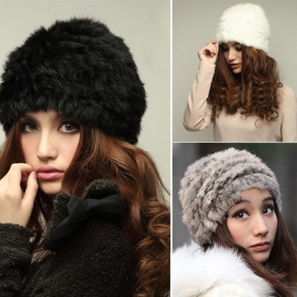 New Fashion Winter Warm Fluffy Fur Hat Head Knitted Beanie Ski Hat