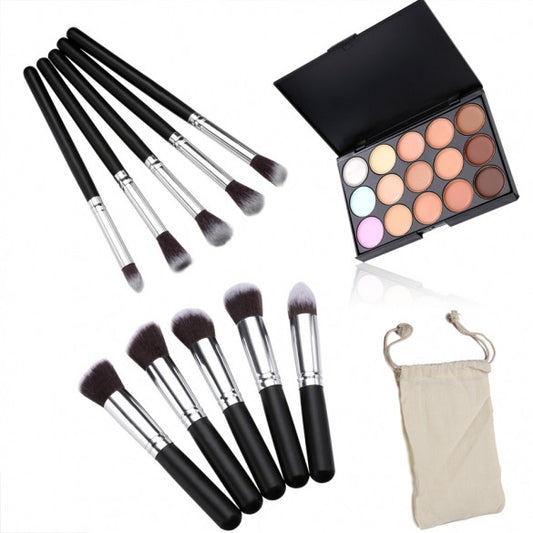 Professional 15 Colors Makeup Face Cream Concealer Palette + 10 PCS Cosmetic Brushes Kit Set