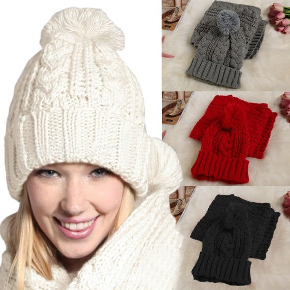 Fashion Women Girl Winter 2pcs Warm Knitted Weave Set Scarf + Benie Hat Cap