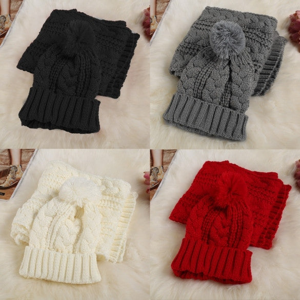 Fashion Women Girl Winter 2pcs Warm Knitted Weave Set Scarf + Benie Hat Cap