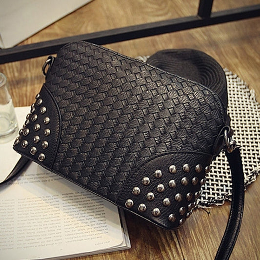 Fashion Women Synthetic Leather Braid Weave Rivets Shoulder Cross Body Bag Messenger