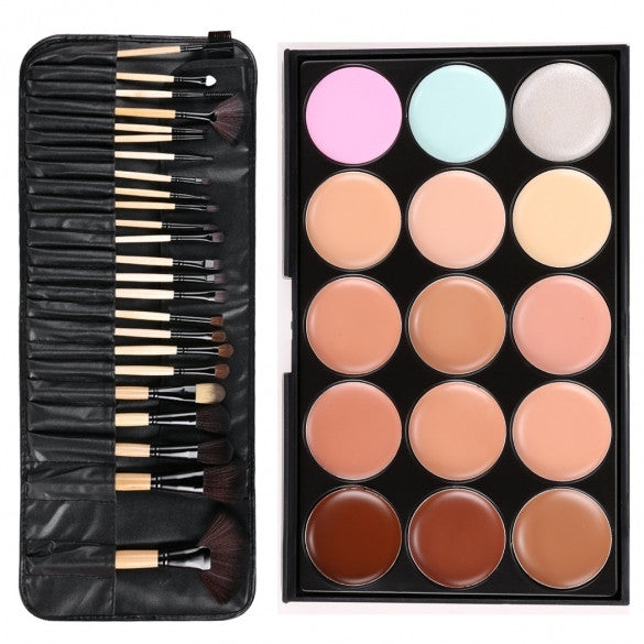 Professional 15 Colors Makeup Face Cream Concealer Palette + 24 PCS Cosmetic Brushes Kit Set