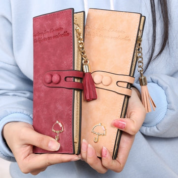 Women Lady Synthetic Leather Card Holder Long Trifold Wallet Clutch Checkbook Tassel Handbag Purse