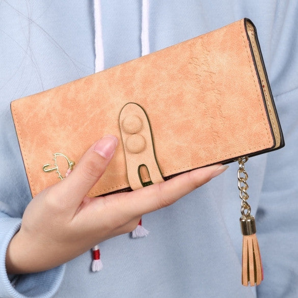 Women Lady Synthetic Leather Card Holder Long Trifold Wallet Clutch Checkbook Tassel Handbag Purse