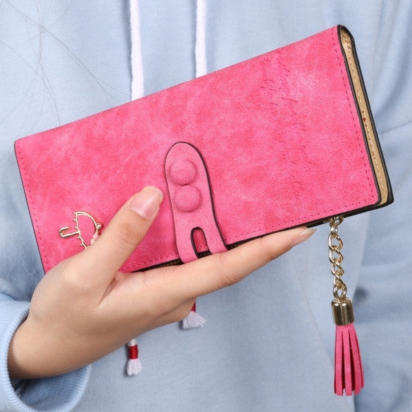 Women Lady Synthetic Leather Card Holder Long Trifold Wallet Clutch Checkbook Tassel Handbag Purse