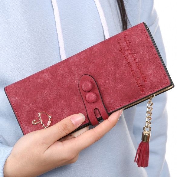 Women Lady Synthetic Leather Card Holder Long Trifold Wallet Clutch Checkbook Tassel Handbag Purse