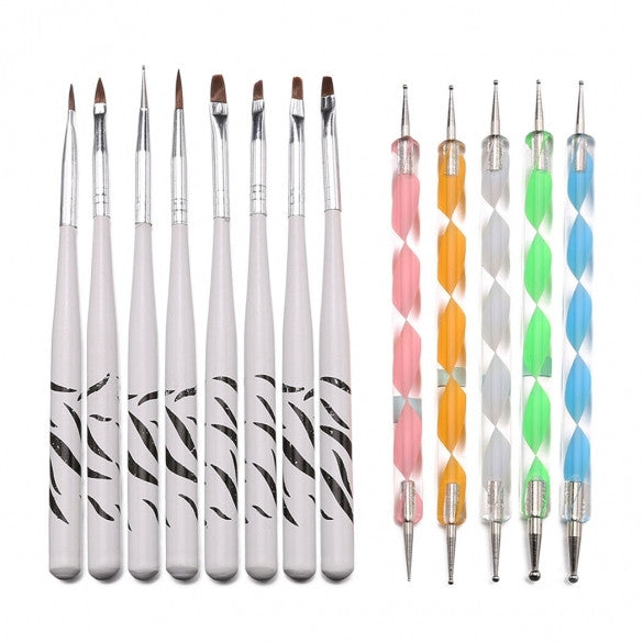 5PCS Double Ended Dotting Pen Marbleizing+ 8PCS Nail Art Brush Tool Kit Set Manicure DIY Tool