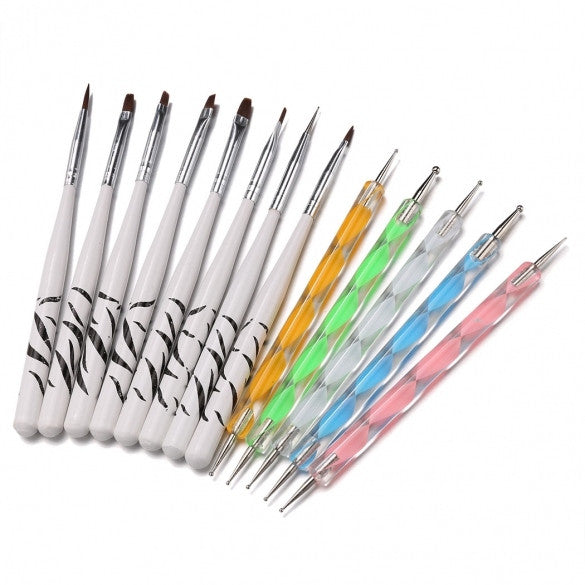 5PCS Double Ended Dotting Pen Marbleizing+ 8PCS Nail Art Brush Tool Kit Set Manicure DIY Tool